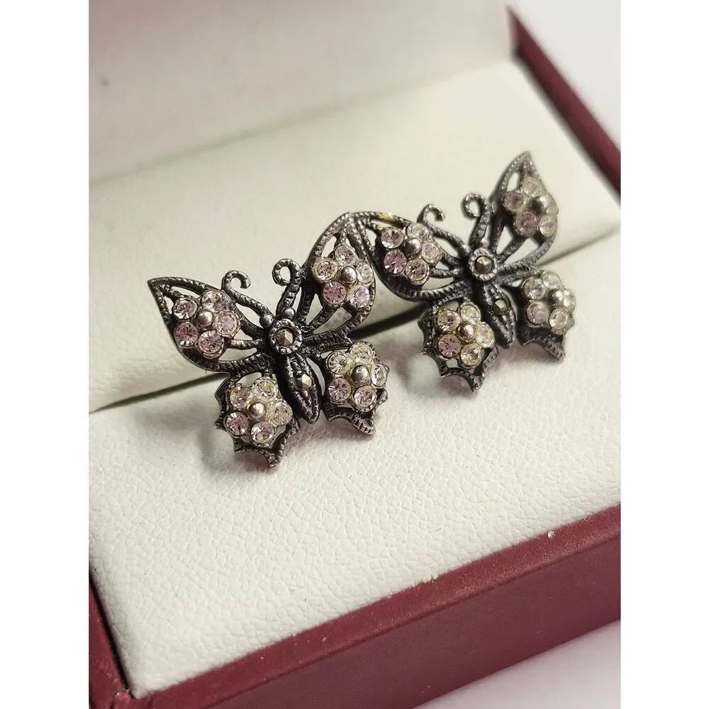 Vintage Sterling Silver Crystal Rhinestone Butterfly Earrings 925